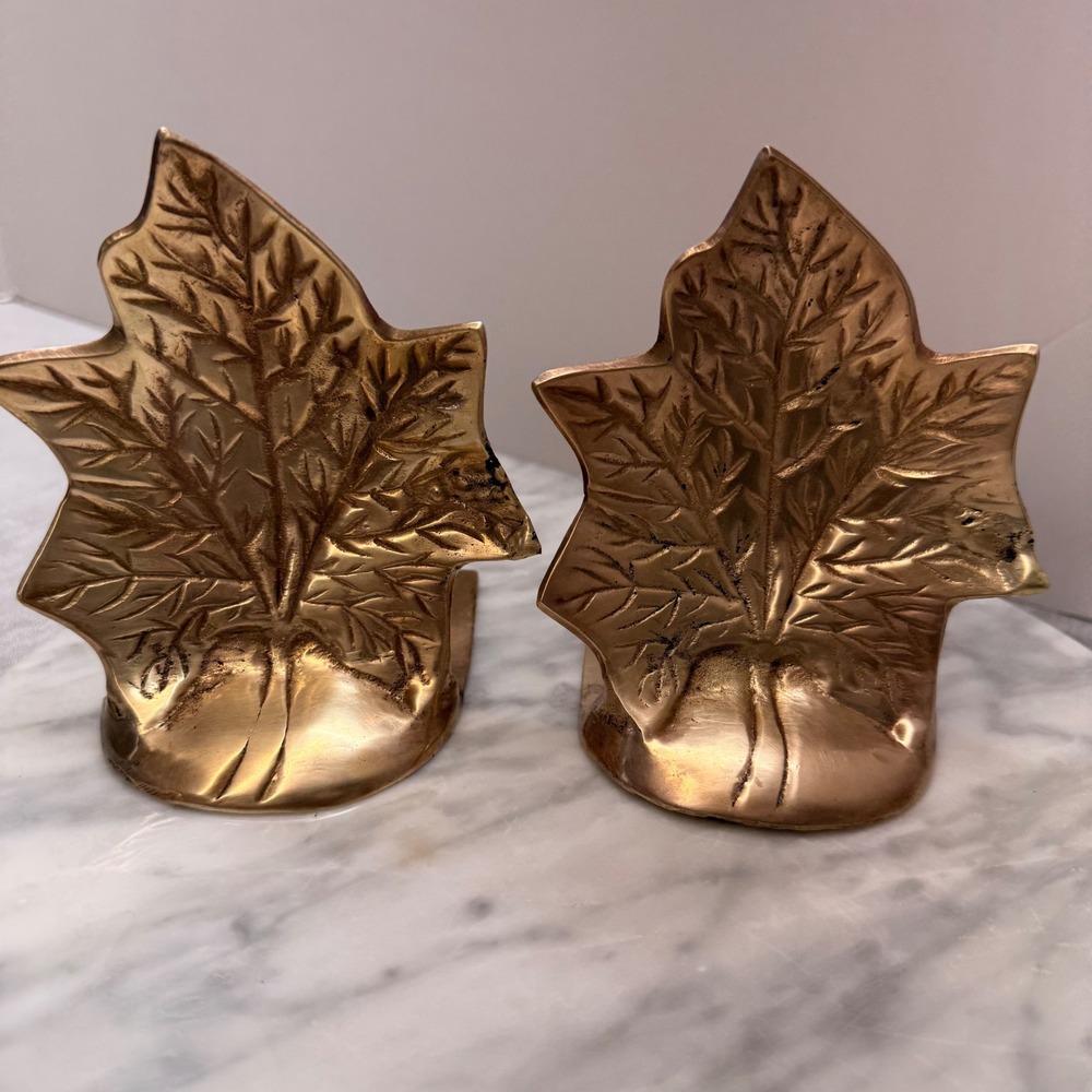 Vintage Solid Brass Maple Leaf Bookends Gold Decorative Heavy Metal Set of 2